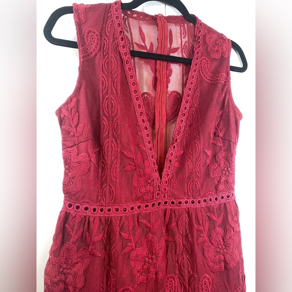 Red Mesh & Lace V Neck Romper - Medium perfect for holiday or cocktail parties - Picture 2 of 3